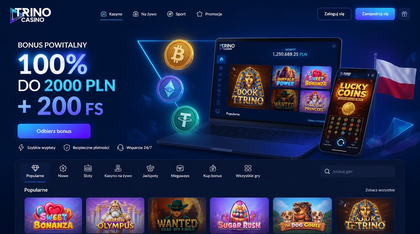 Interfejs Trino Casino ze znakiem powitania i kryptowalutą