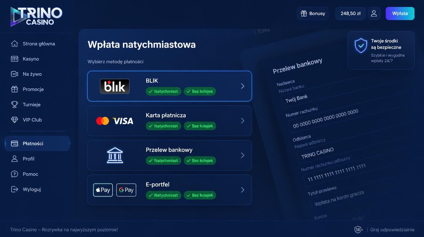 Ekran z metodami wpłaty z polskimi opcjami i czasami realizacji