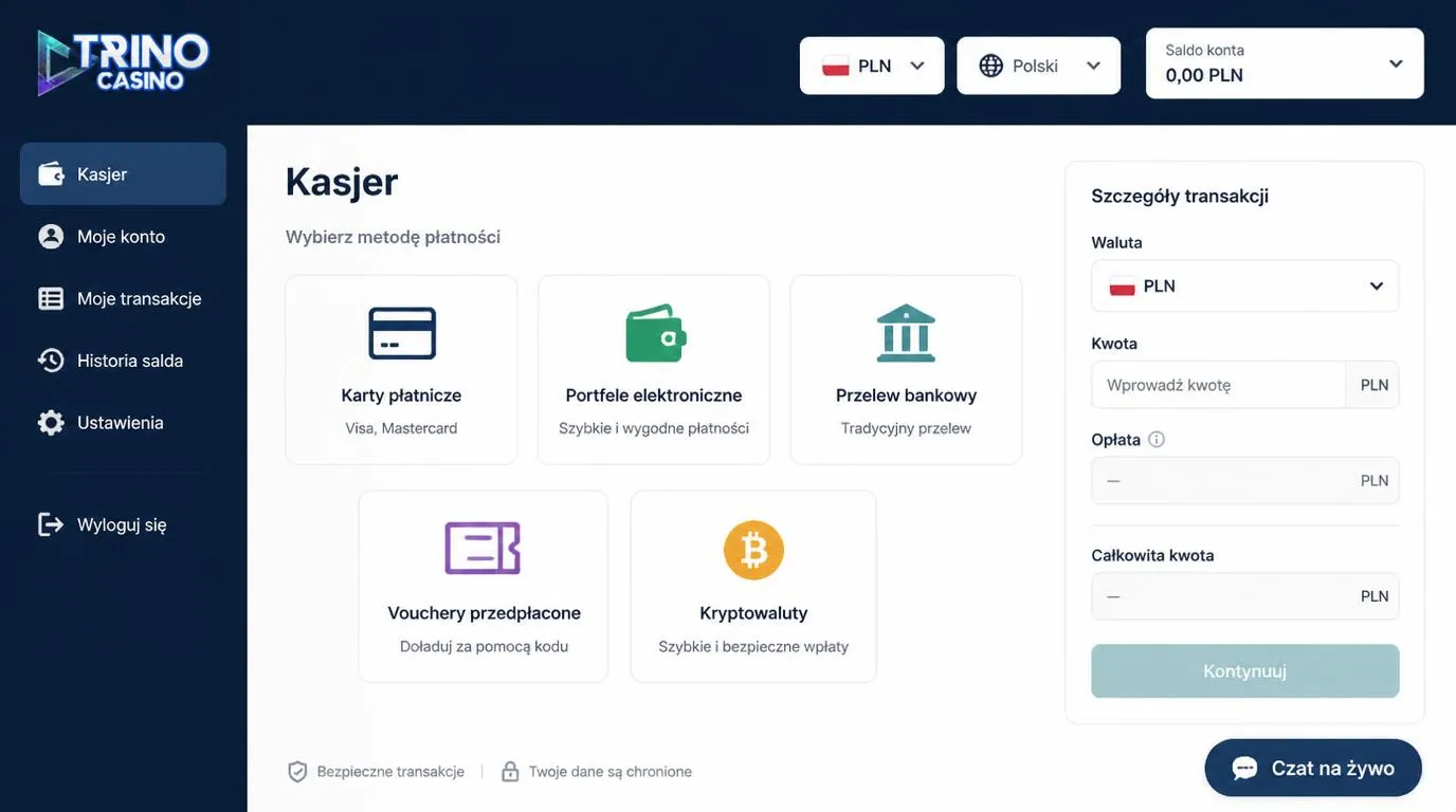 Panel kasjera z saldem w PLN, wyborem języka polskiego, metodami płatności i przyciskiem czatu